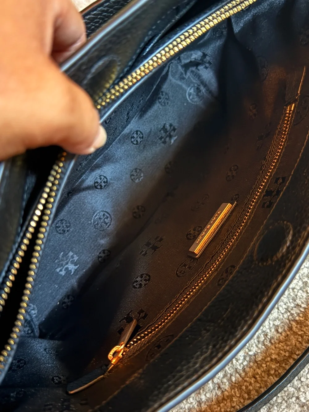 Tory Burch Black Pebbled Leather Shoulder Bag with Gold Hardware